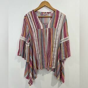 andthewhy Striped Boho Peasant Asymmetrical Top Size Medium